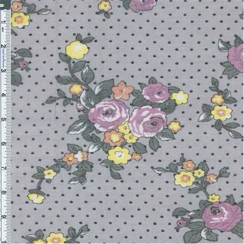 3 1/4 YD PC-Grey Polka Dot Floral Novelty Chiffon Fabric