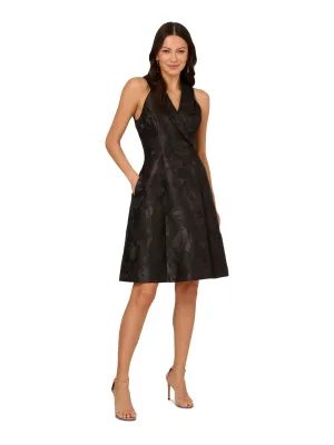 ADRIANNA PAPELL Womens Black Metallic Zippered Pocketed Lined Pleated Floral Sleeveless Collared Above The Knee Evening Fit   Flare Dress