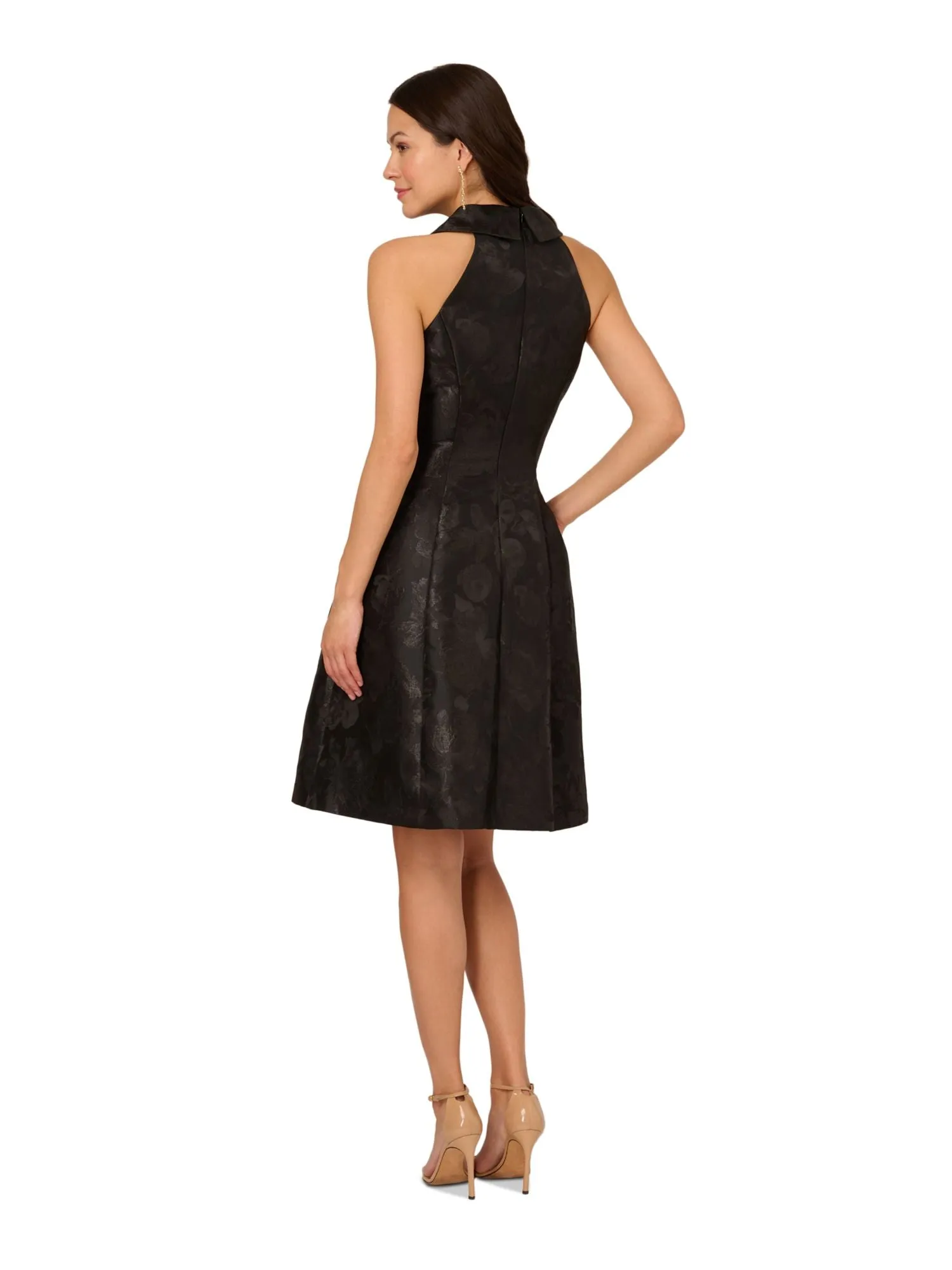 ADRIANNA PAPELL Womens Black Metallic Zippered Pocketed Lined Pleated Floral Sleeveless Collared Above The Knee Evening Fit   Flare Dress