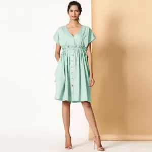 Aqua Cotton Knee Length Frilled Bohemian Dress