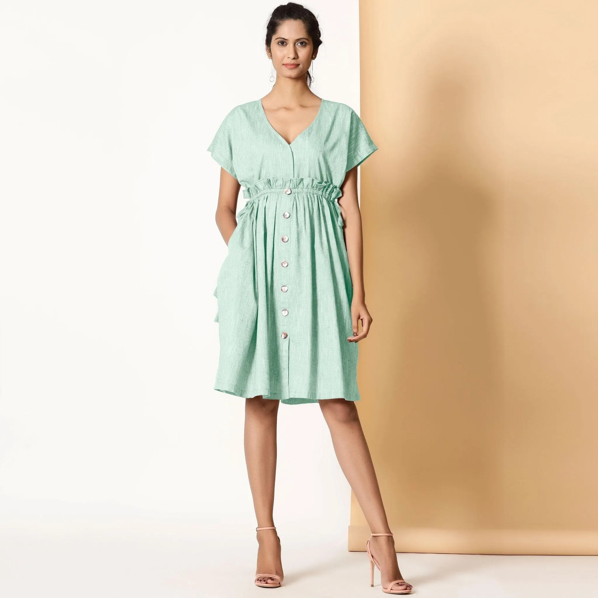 Aqua Cotton Knee Length Frilled Bohemian Dress