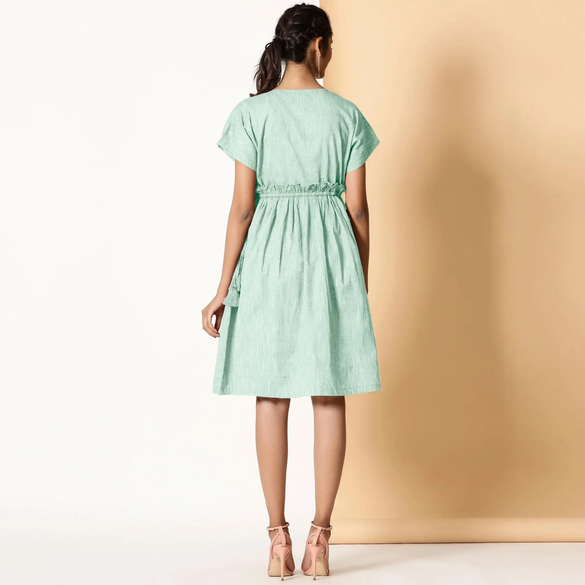 Aqua Cotton Knee Length Frilled Bohemian Dress