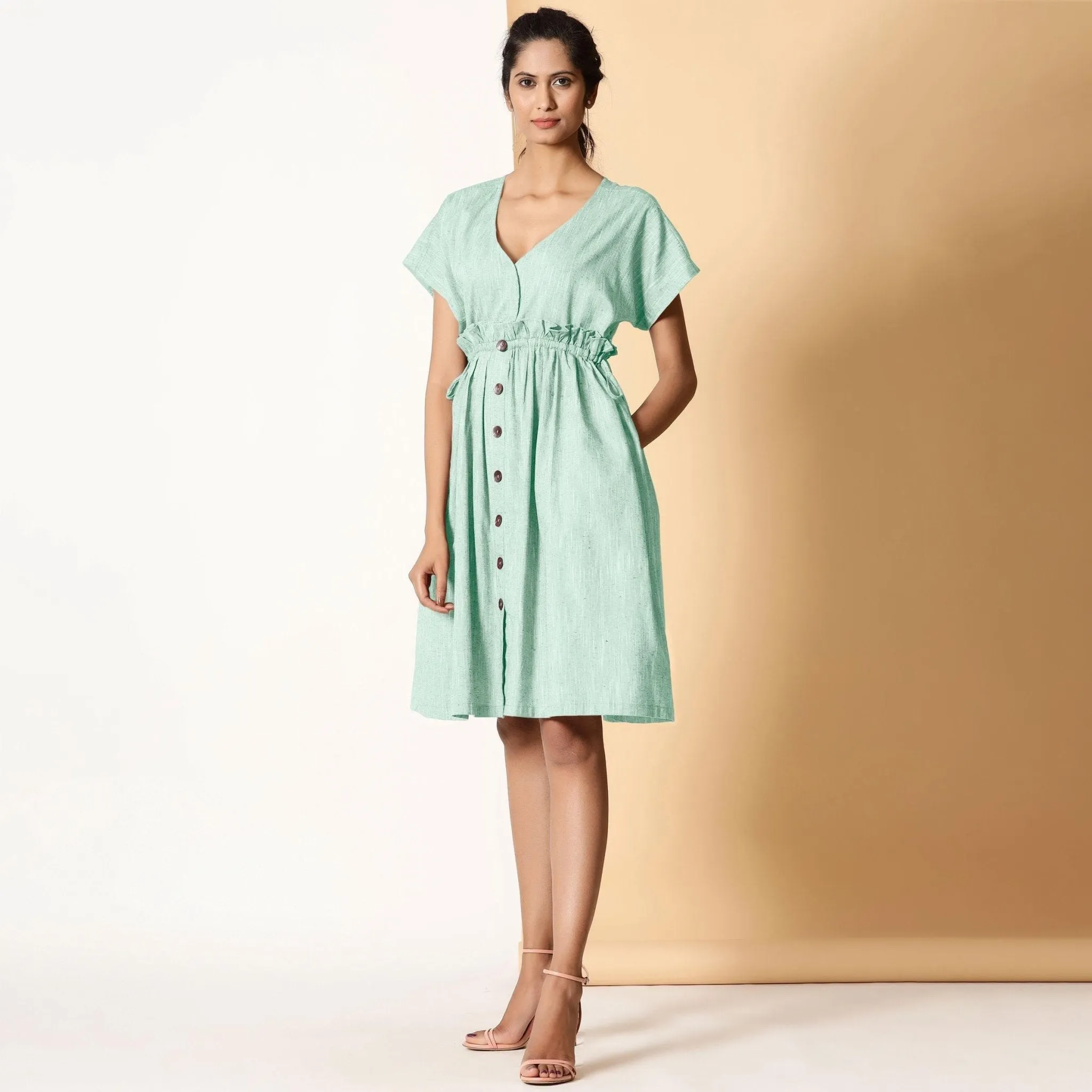 Aqua Cotton Knee Length Frilled Bohemian Dress