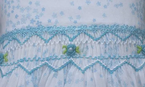 Baby Girls White Floral Turquoise Hand Smocked Summer Dress