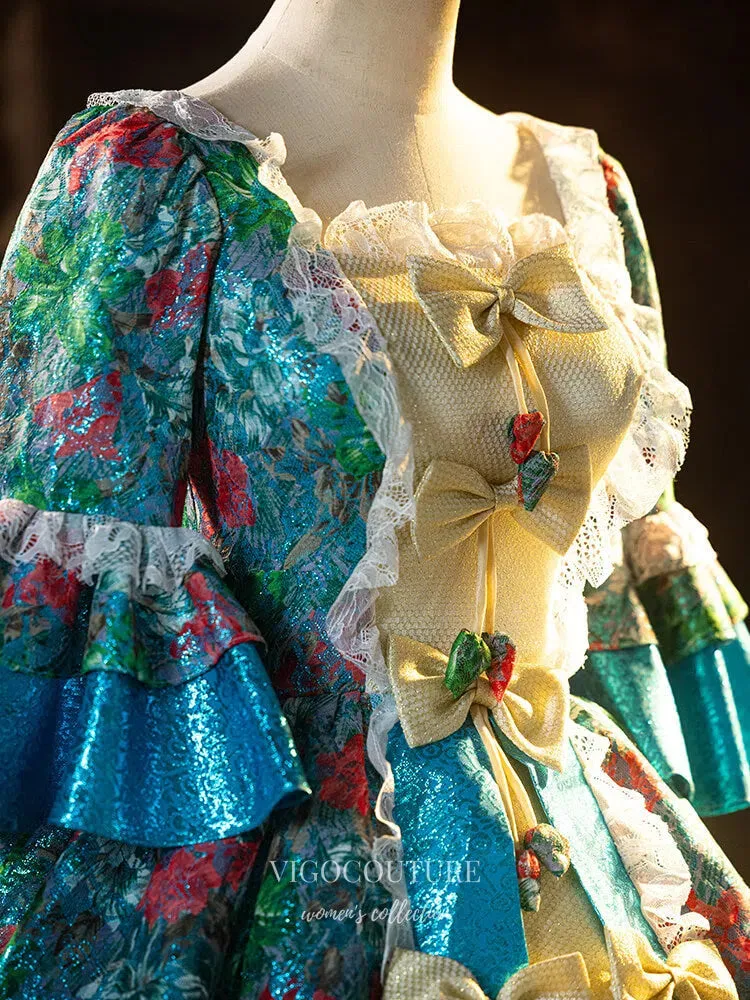 Blue Floral Print Ruffled Vintage Quinceanera Dress Puffed Sleeve Bow-Tie Princess Dresses 25045