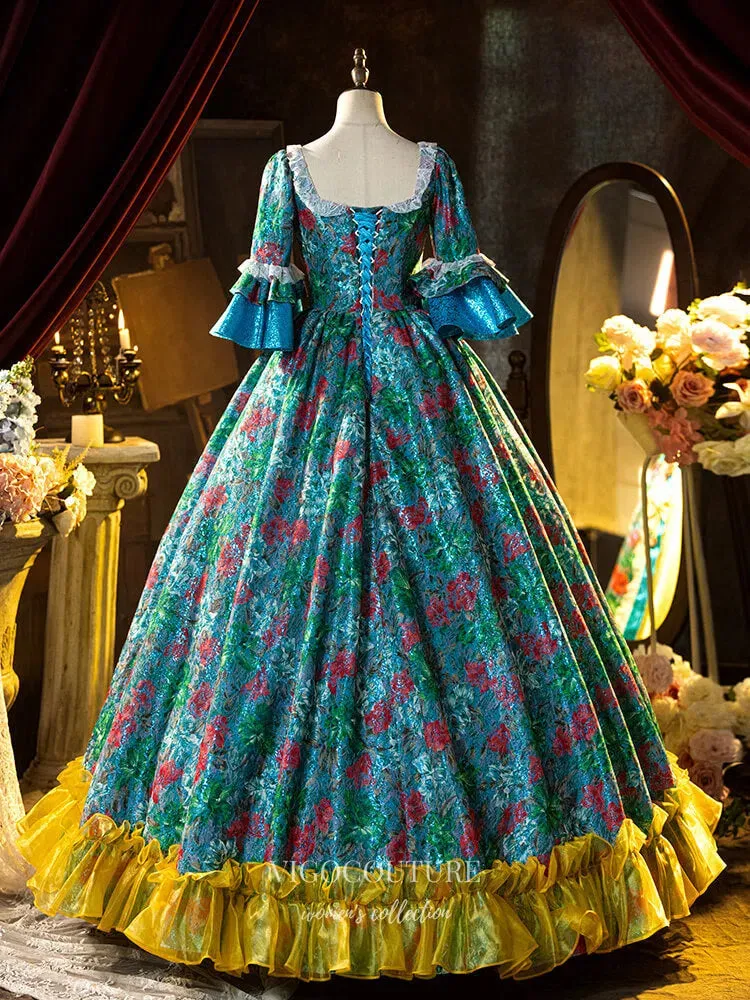 Blue Floral Print Ruffled Vintage Quinceanera Dress Puffed Sleeve Bow-Tie Princess Dresses 25045