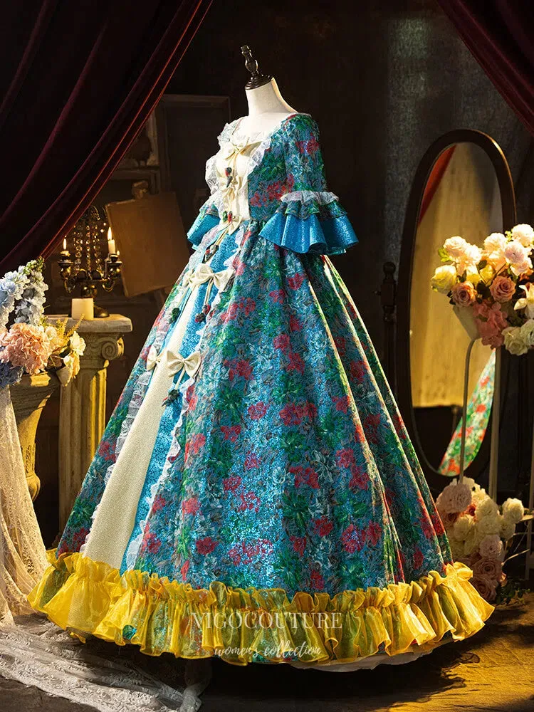 Blue Floral Print Ruffled Vintage Quinceanera Dress Puffed Sleeve Bow-Tie Princess Dresses 25045