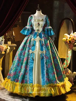 Blue Floral Print Ruffled Vintage Quinceanera Dress Puffed Sleeve Bow-Tie Princess Dresses 25045