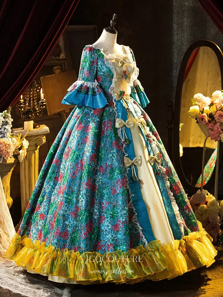 Blue Floral Print Ruffled Vintage Quinceanera Dress Puffed Sleeve Bow-Tie Princess Dresses 25045