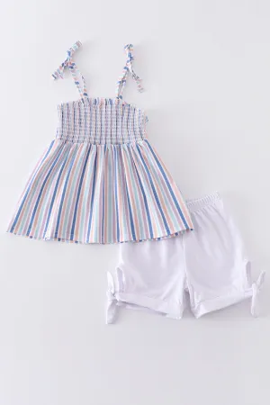 Blue stripe smocked strap girl set