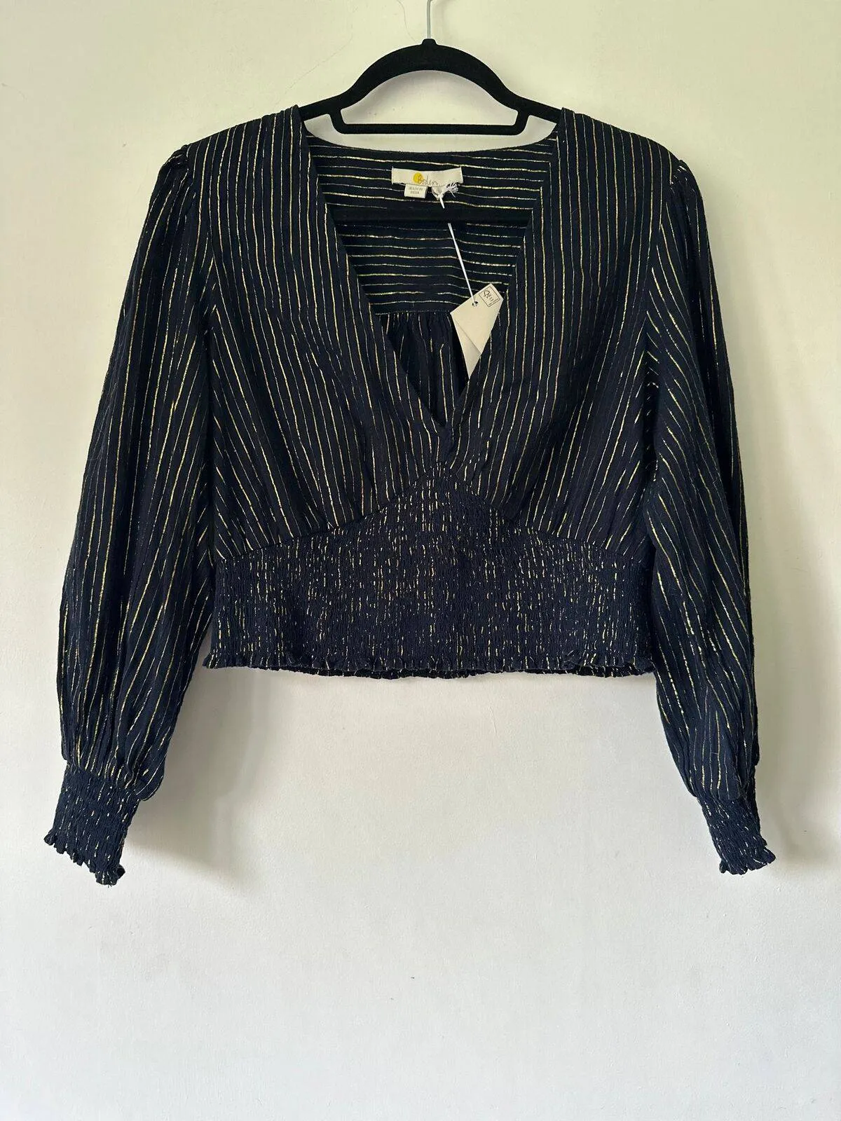 Boden Blue Metallic Yarn Smocked Crop Top size 12