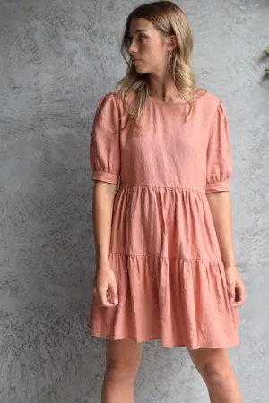 Breathtaking Puff Sleeve Brick Tiered Linen Smock Dress