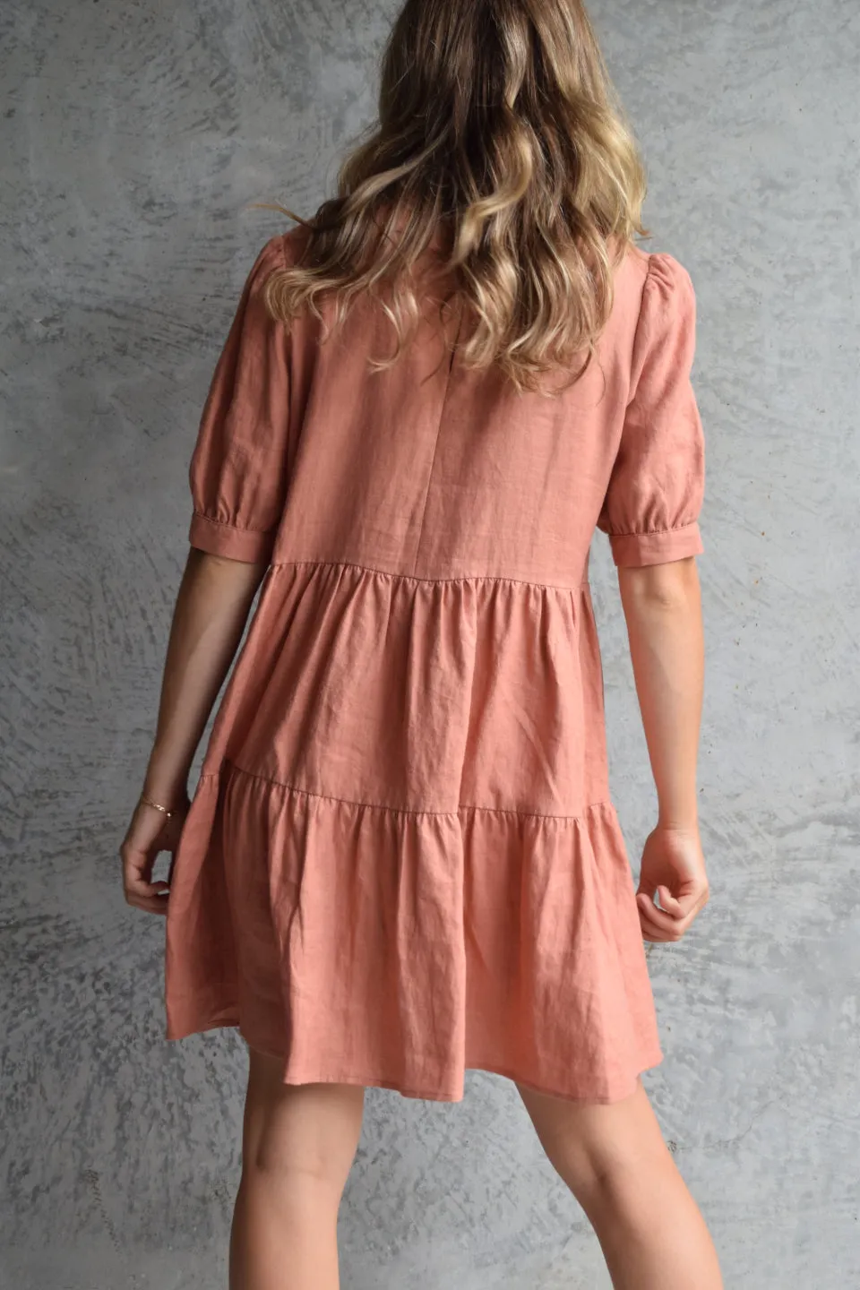 Breathtaking Puff Sleeve Brick Tiered Linen Smock Dress