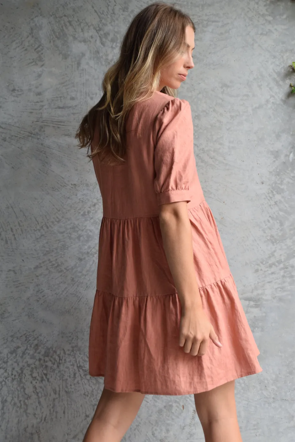 Breathtaking Puff Sleeve Brick Tiered Linen Smock Dress