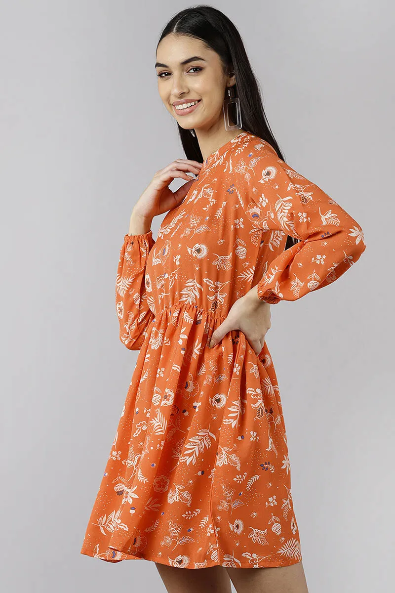 Bright Orange Polyester Floral Printed Short Dress