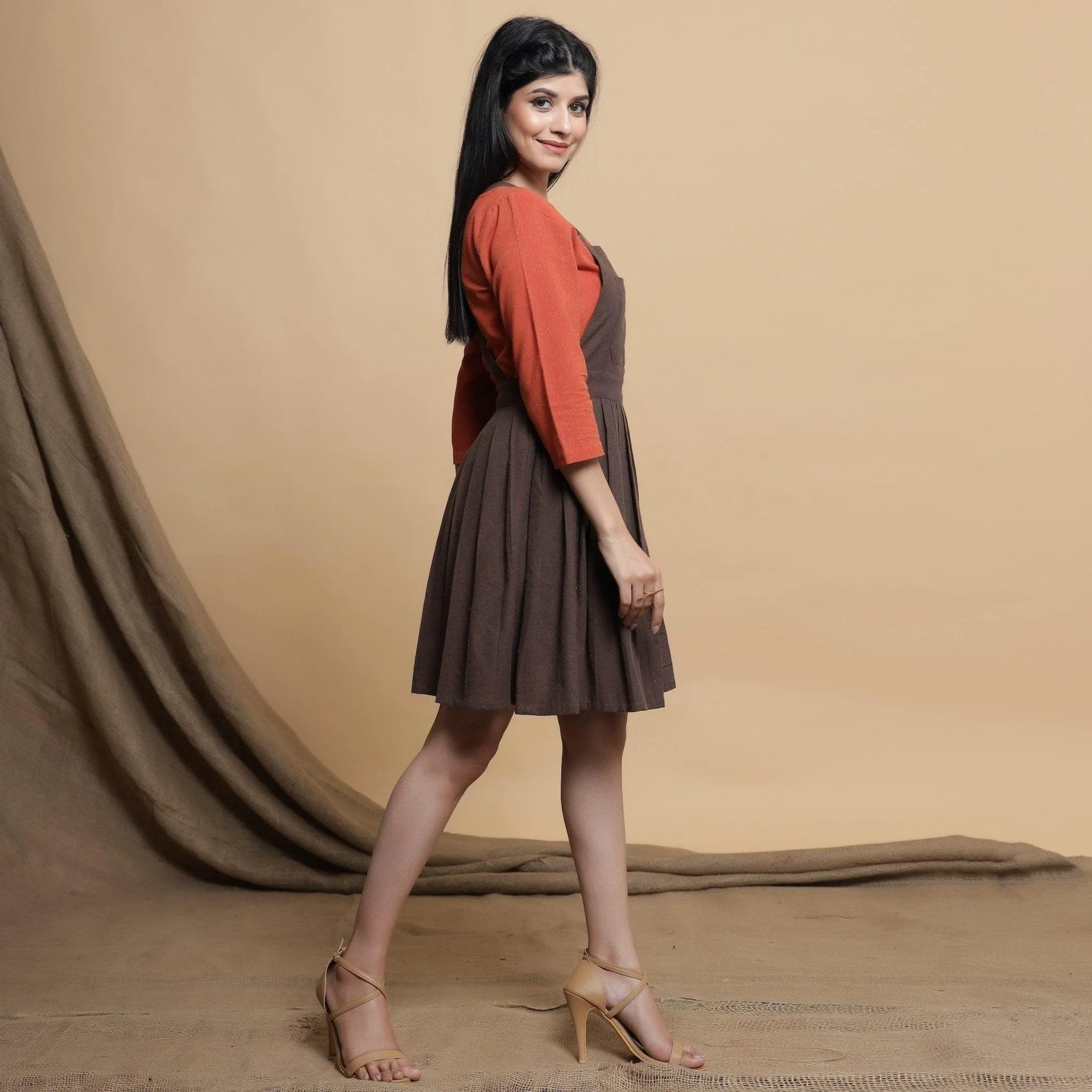 Brown Pleated Cotton Criss-Cross Back Short Dress