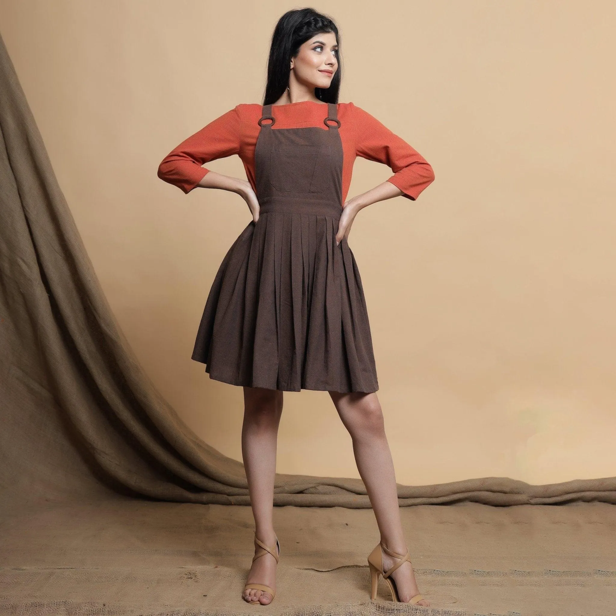 Brown Pleated Cotton Criss-Cross Back Short Dress