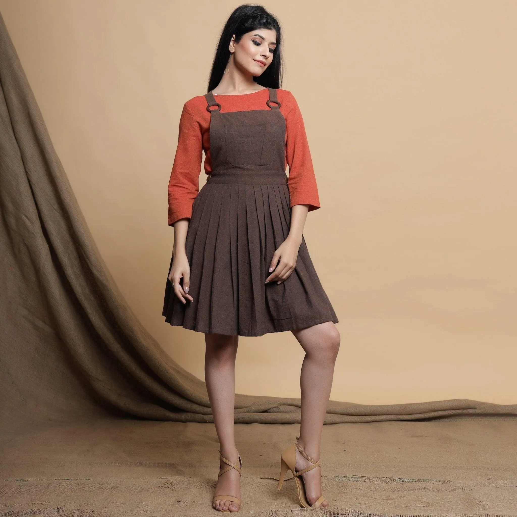 Brown Pleated Cotton Criss-Cross Back Short Dress