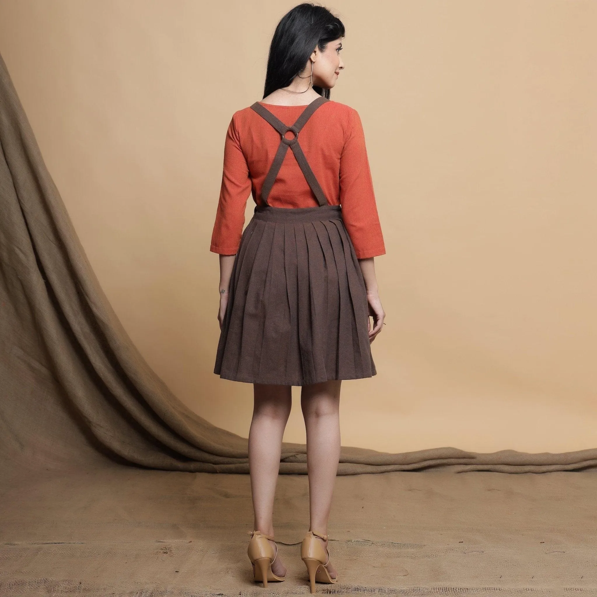 Brown Pleated Cotton Criss-Cross Back Short Dress