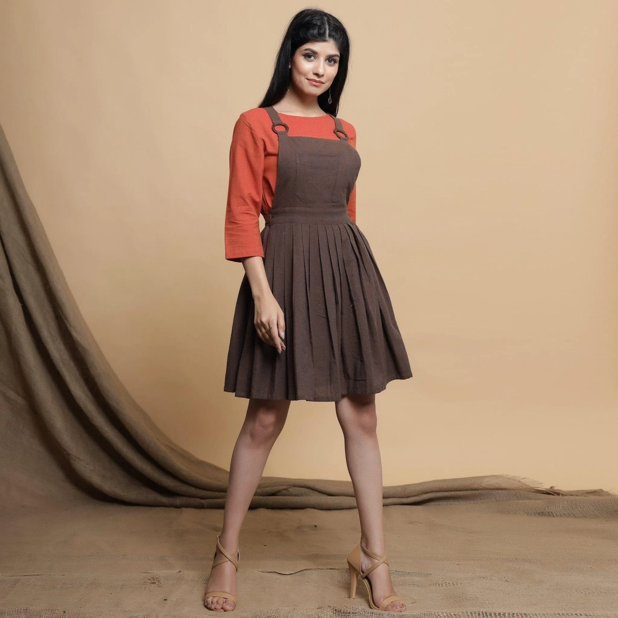 Brown Pleated Cotton Criss-Cross Back Short Dress