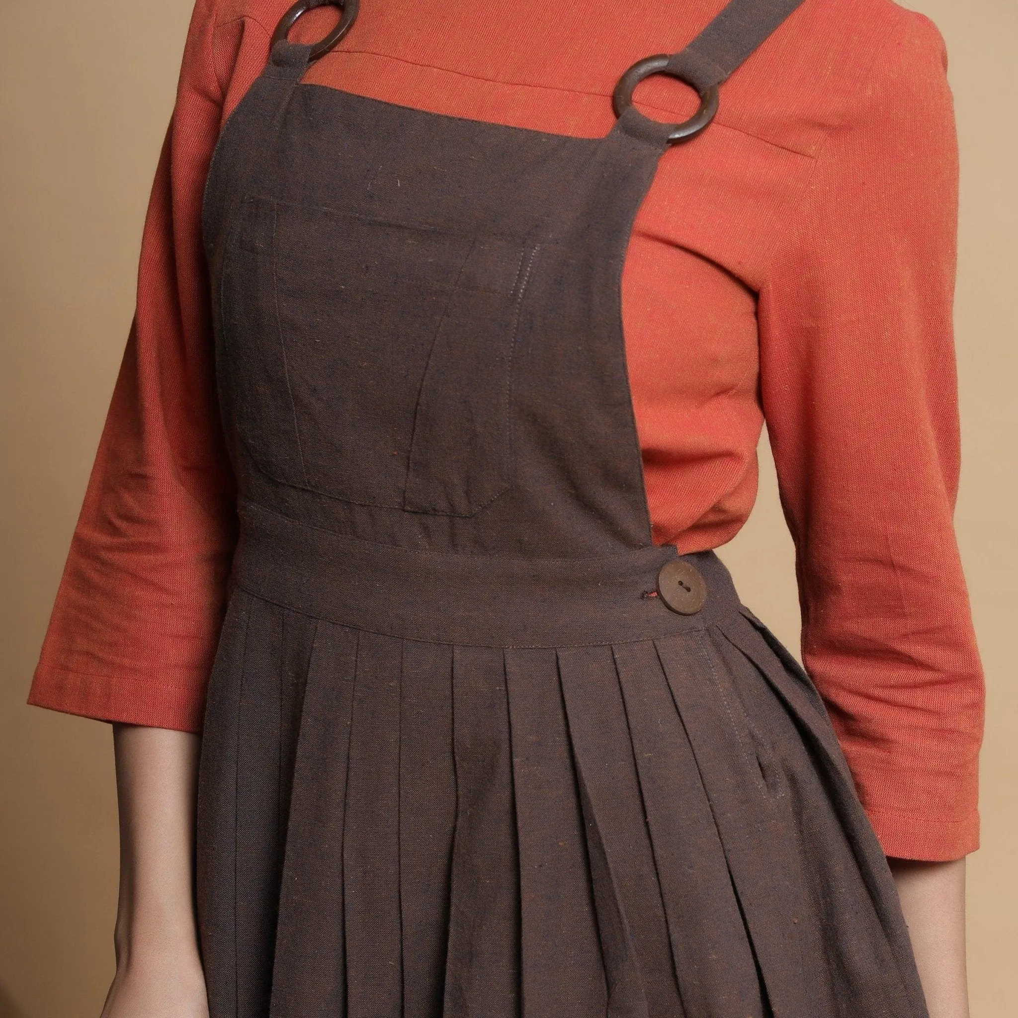 Brown Pleated Cotton Criss-Cross Back Short Dress