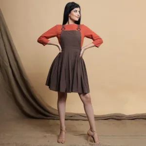 Brown Pleated Cotton Criss-Cross Back Short Dress