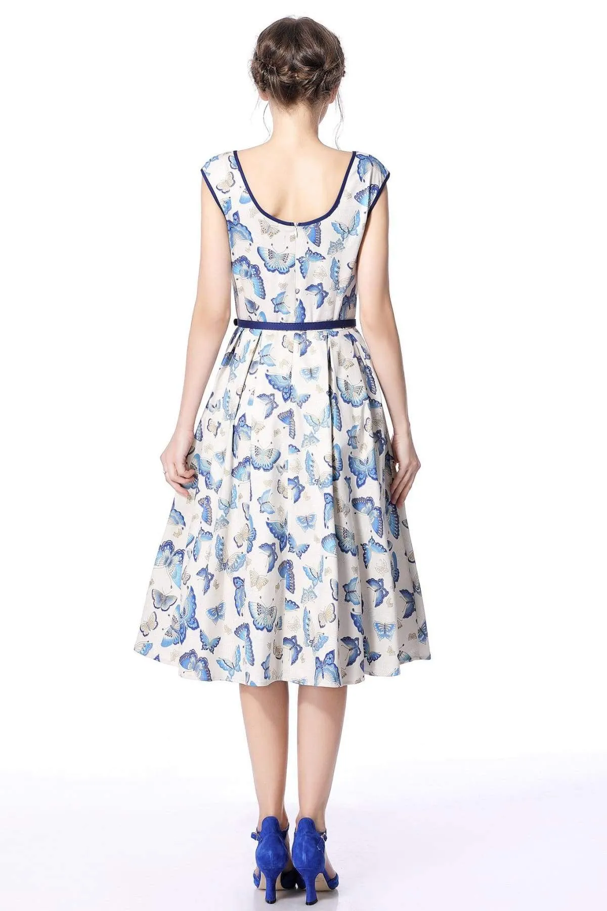 Butterfly Scoop Neck Bow Tie Vintage Swing Dress