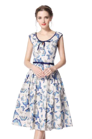 Butterfly Scoop Neck Bow Tie Vintage Swing Dress