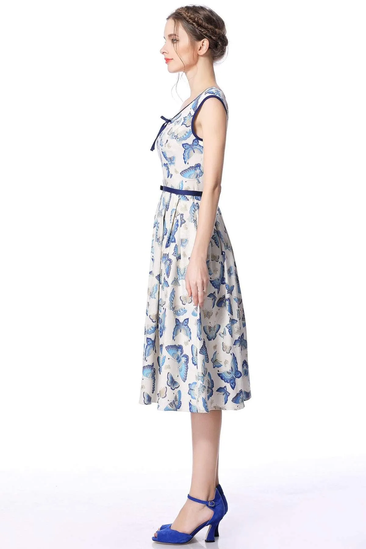 Butterfly Scoop Neck Bow Tie Vintage Swing Dress
