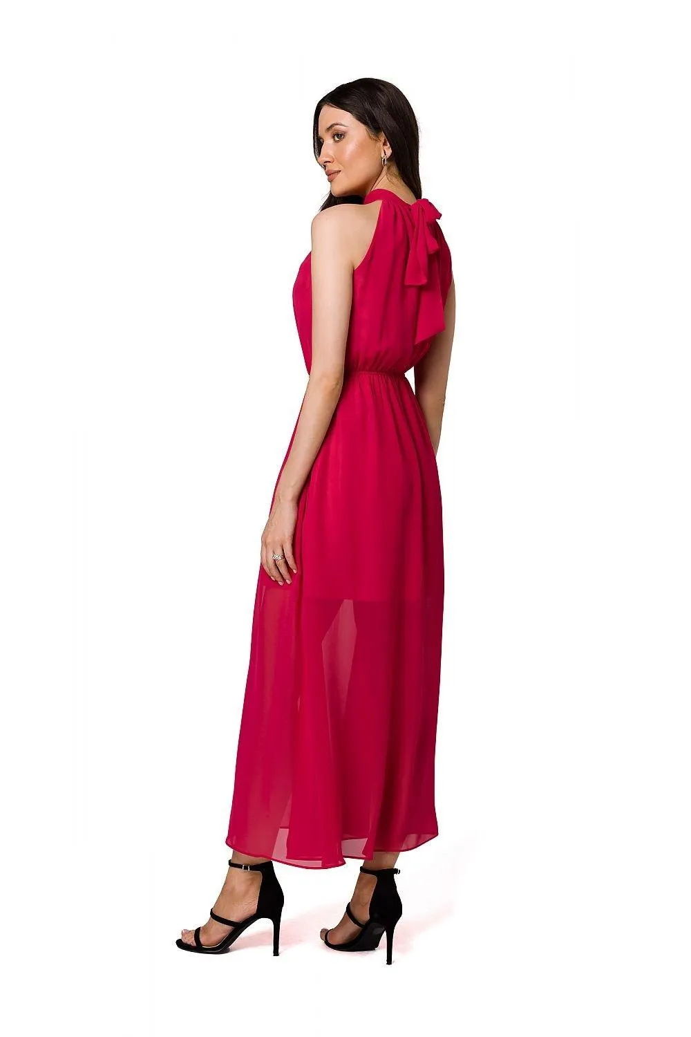 Chic Chiffon Halter Midi Dress with Defined Waist and Stylish Belt