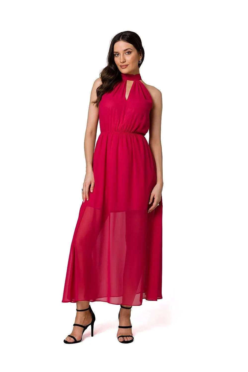 Chic Chiffon Halter Midi Dress with Defined Waist and Stylish Belt