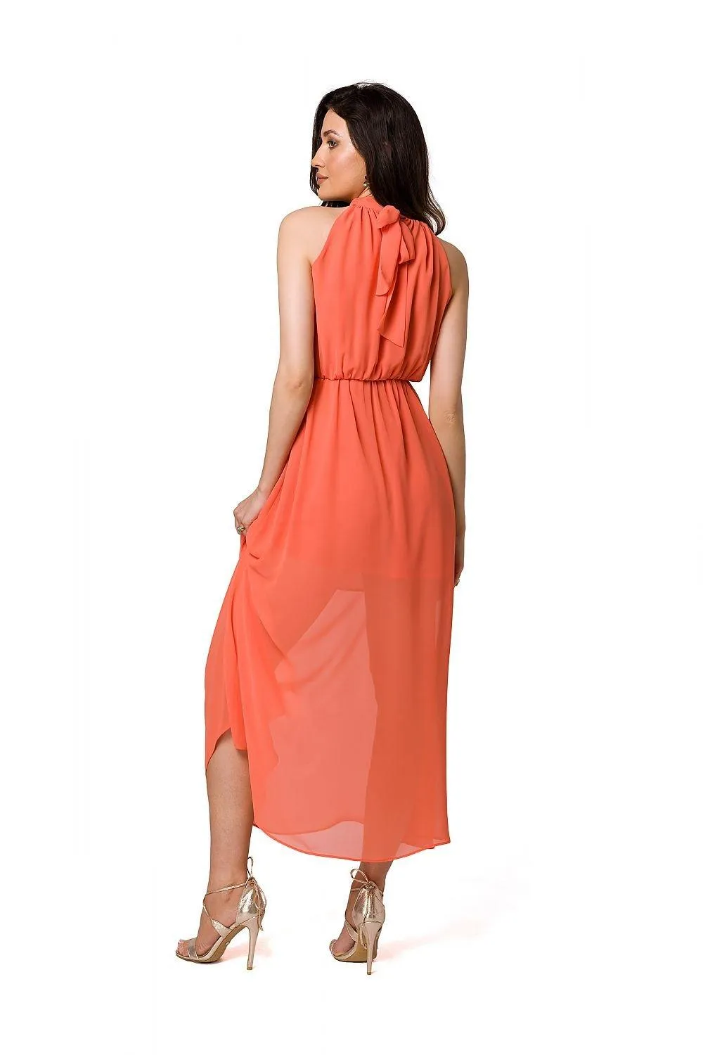 Chic Chiffon Halter Midi Dress with Defined Waist and Stylish Belt