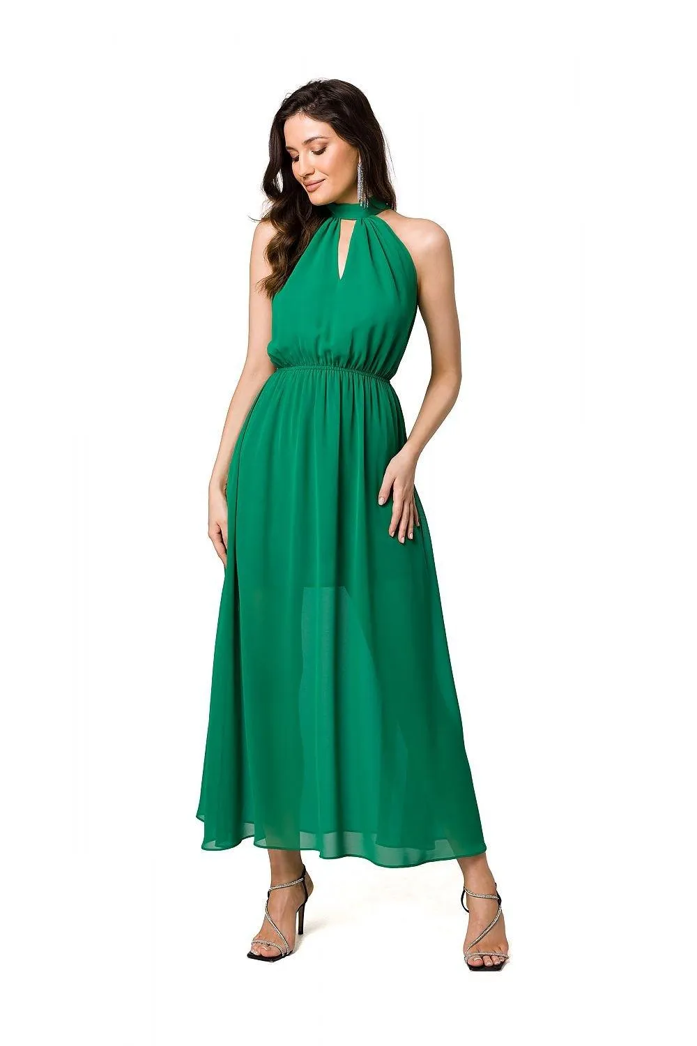 Chic Chiffon Halter Midi Dress with Defined Waist and Stylish Belt