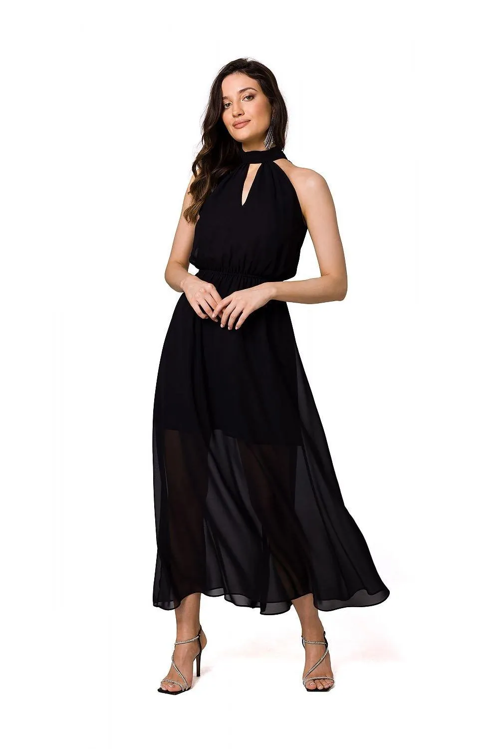 Chic Chiffon Halter Midi Dress with Defined Waist and Stylish Belt