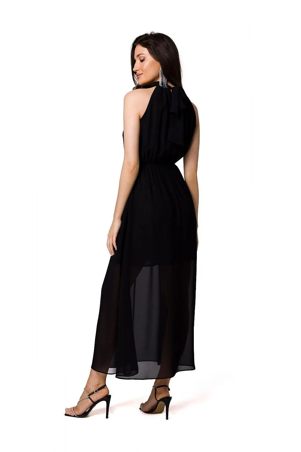 Chic Chiffon Halter Midi Dress with Defined Waist and Stylish Belt