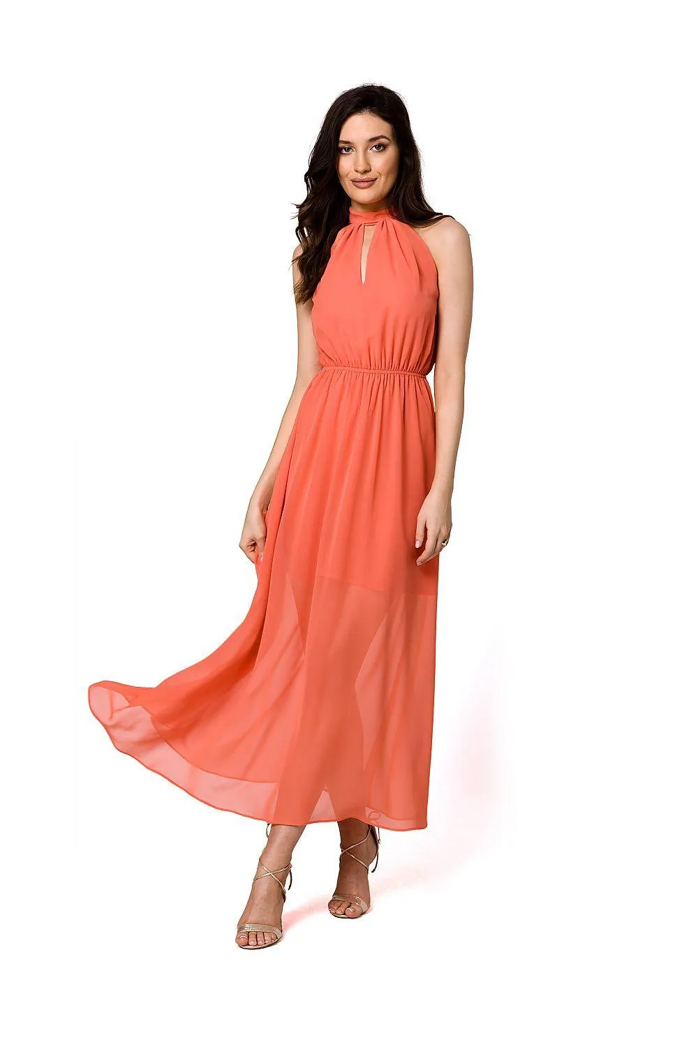 Chic Chiffon Halter Midi Dress with Defined Waist and Stylish Belt