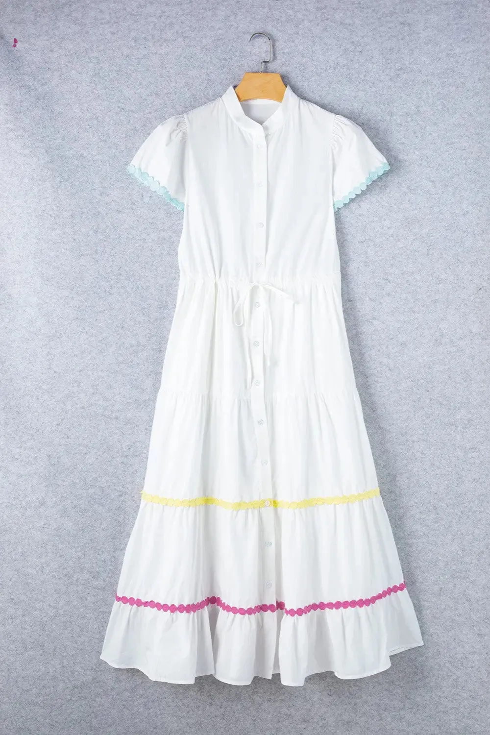 Contrast Trim Button Up Short Sleeve Dress