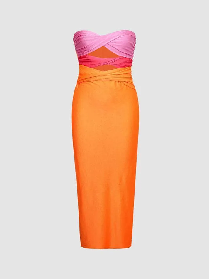 Contrast Twisted Front Midi Dresses