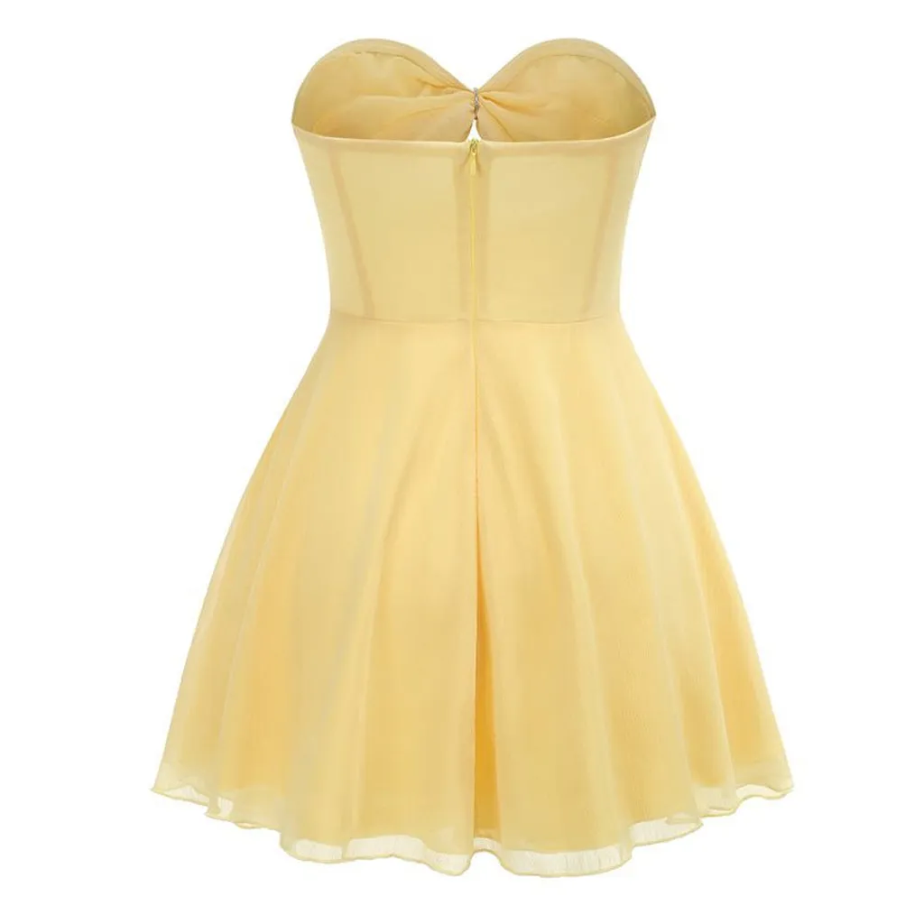 Elegant Crystal Trim Strapless Cutout Ruched Chiffon A Line Mini Party Dress