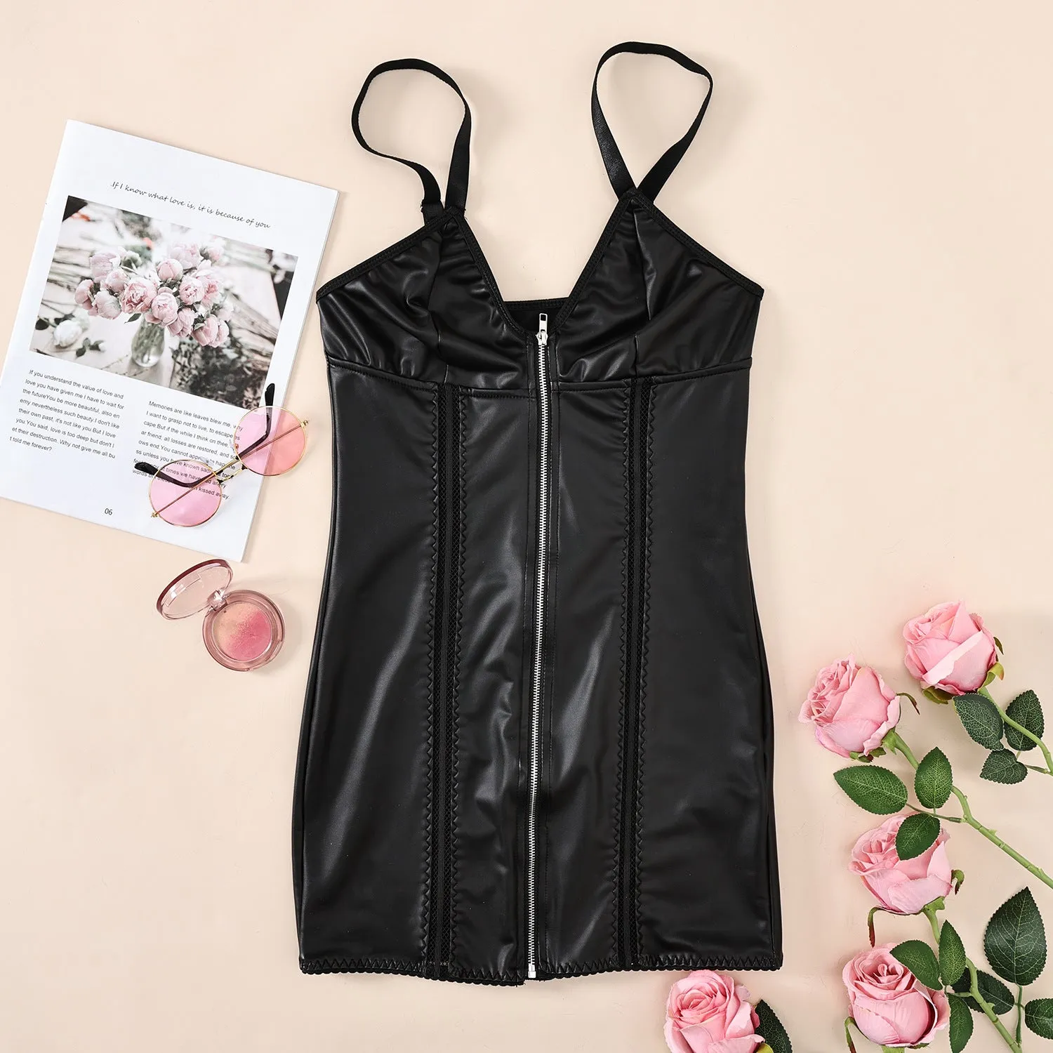 Faux Leather Mesh Sensation: Backless Body-Shaping Jumpsuit