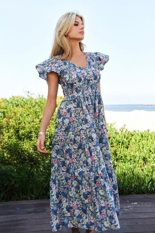 Floral Smocking Maxi Dress