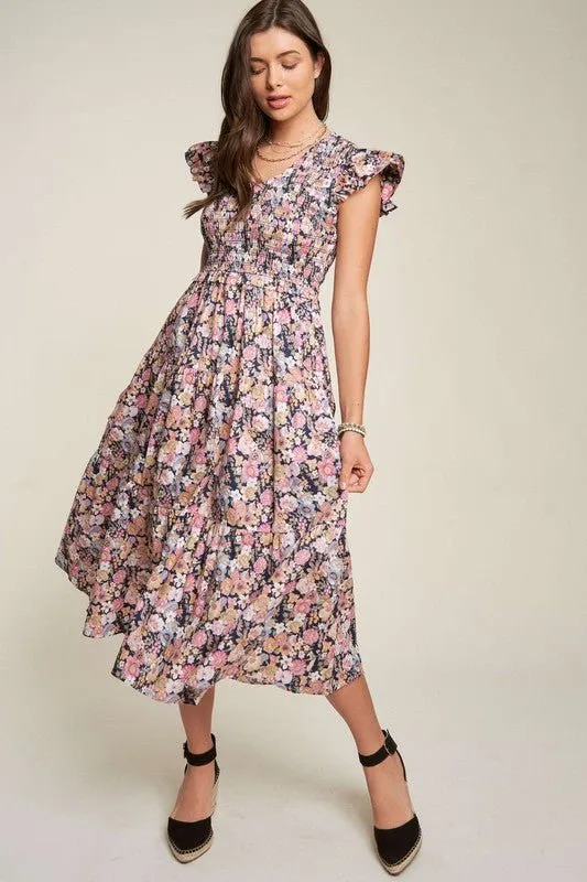 Floral Smocking Maxi Dress