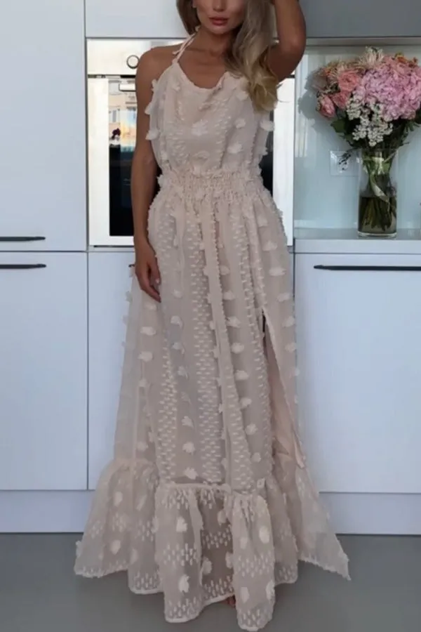 Gloria Embroidery Flowers Elastic Waist Halter Backless Slit Maxi Dress