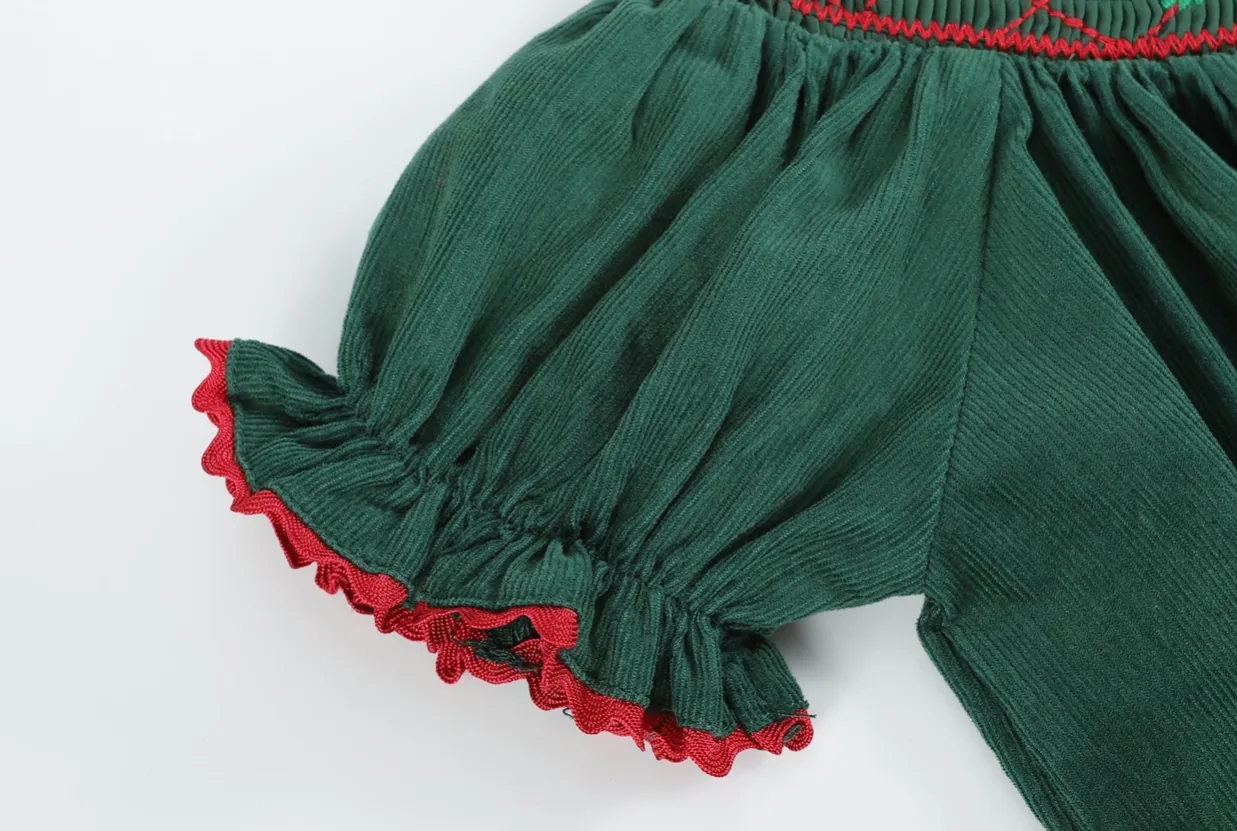 Green Christmas Mistletoe Smocked Bishop Dress