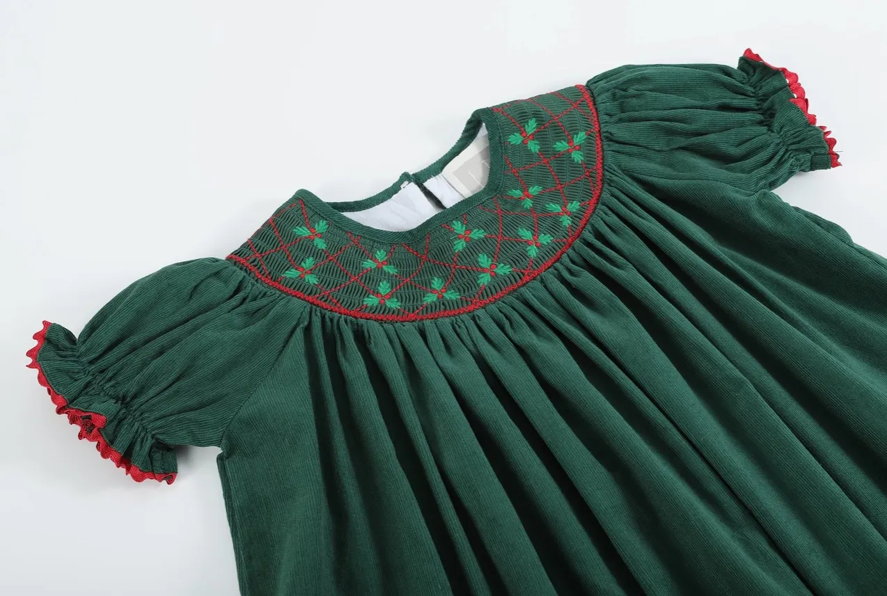 Green Christmas Mistletoe Smocked Bishop Dress