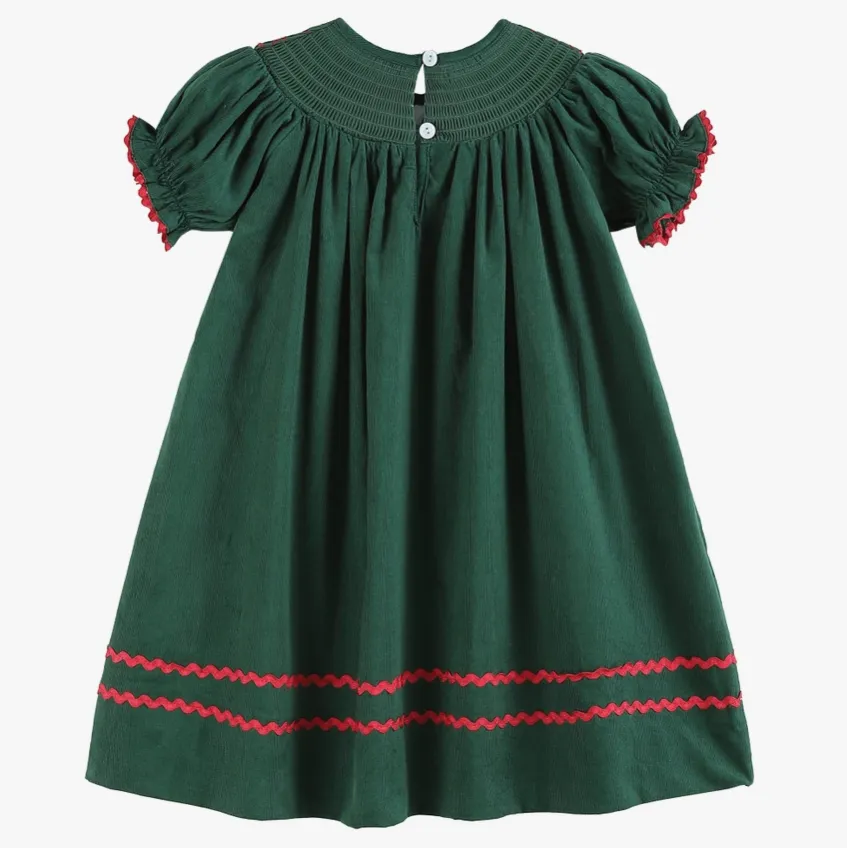 Green Christmas Mistletoe Smocked Bishop Dress