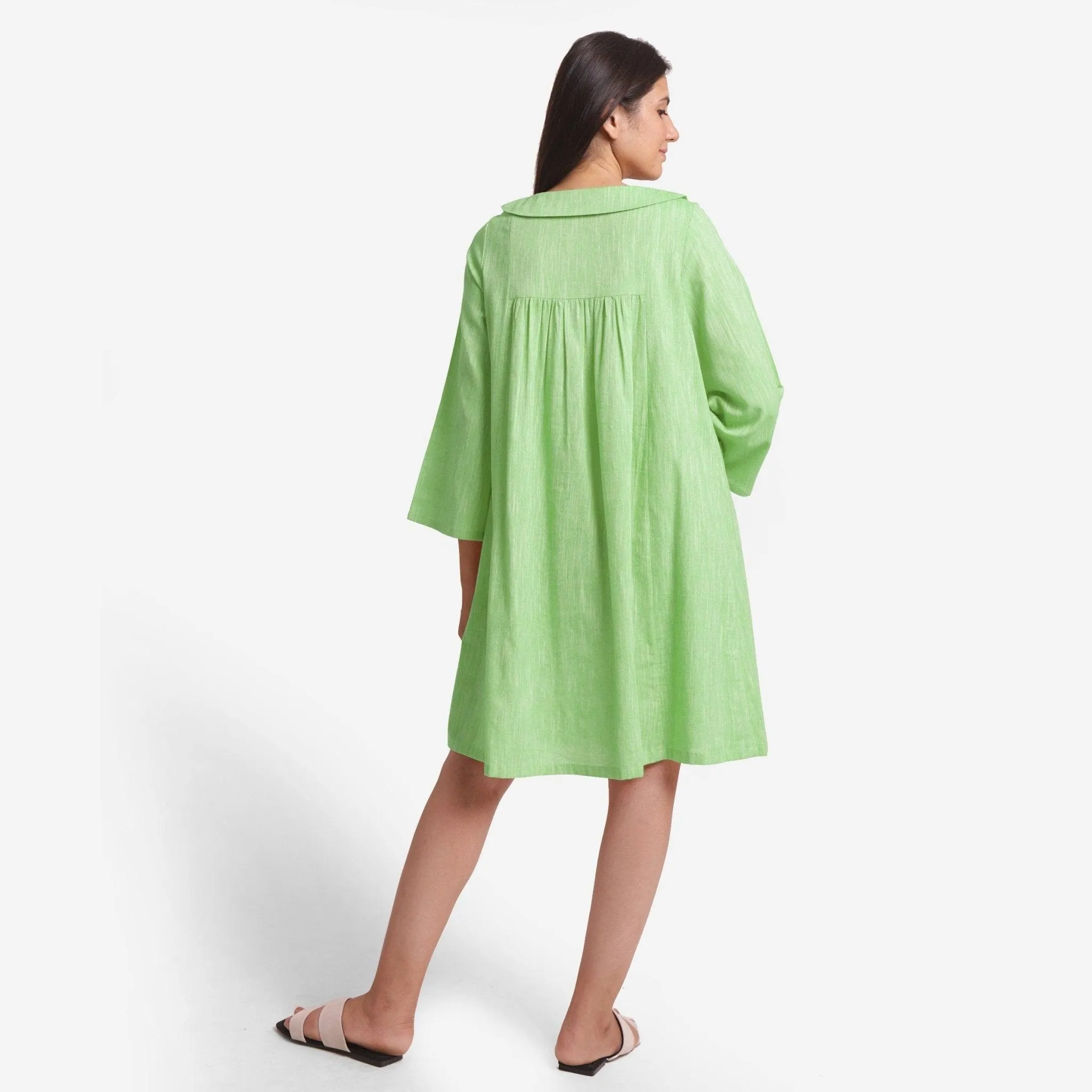 Green Cotton Knee Length Paneled Yoked Dress