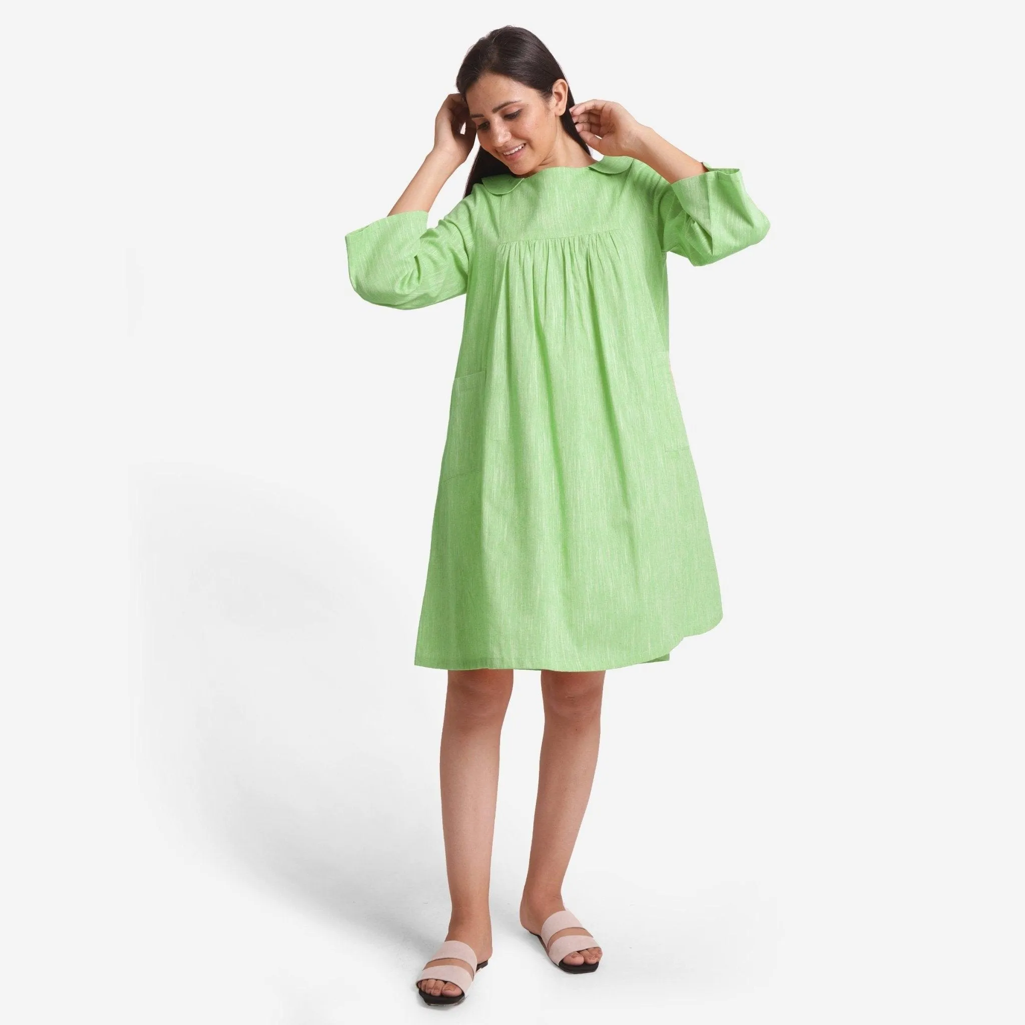 Green Cotton Knee Length Paneled Yoked Dress