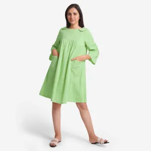 Green Cotton Knee Length Paneled Yoked Dress