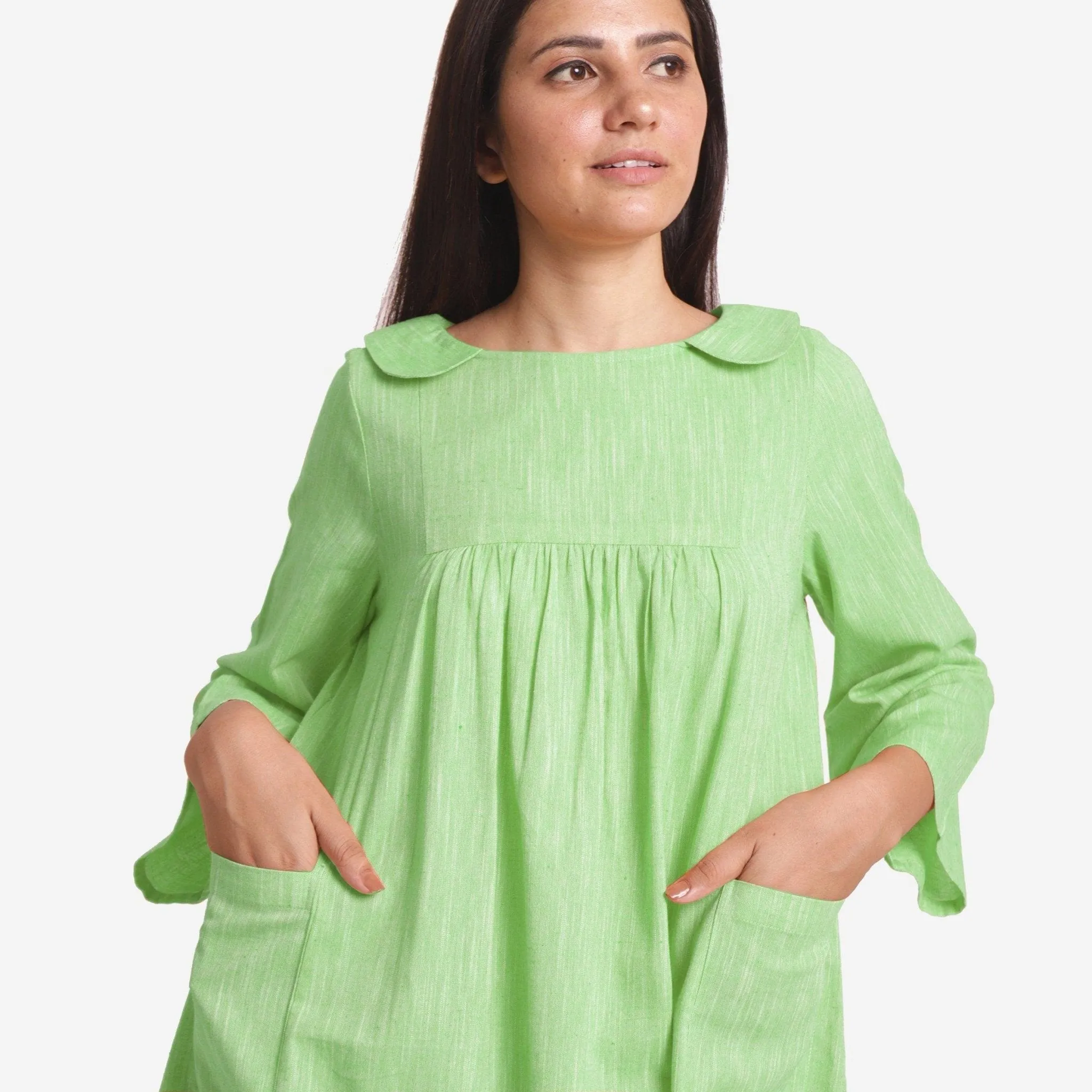 Green Cotton Knee Length Paneled Yoked Dress